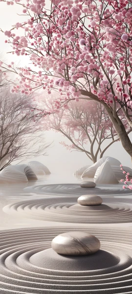 serene fusion wallpaper — cherry blossoms, tree, rock, reflection (free 4K phone download)