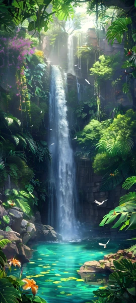 serene fusion wallpaper — waterfall, scenery, water, flower (free 4K phone download)