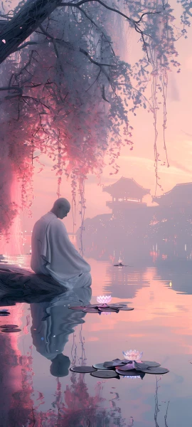 serene anime boy wallpaper — flower, lily pad, reflection, lotus (free 4K phone download)