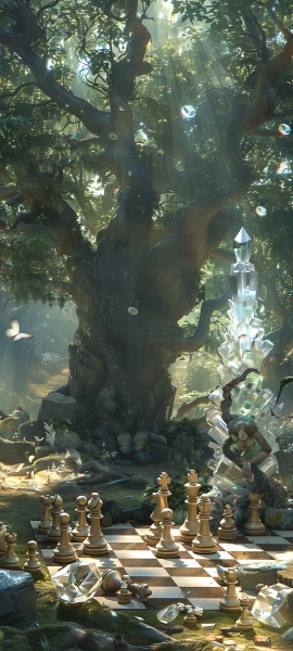 magical fusion wallpaper — chess piece, tree, chessboard, scenery (free 4K phone download)