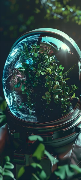 futuristic fusion wallpaper — plant, helmet, spacesuit, space helmet (free 4K phone download)