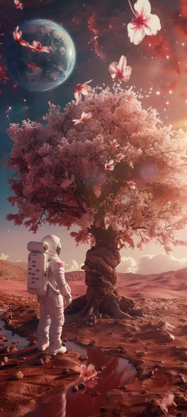 dreamy fusion wallpaper — tree, planet, astronaut, helmet (free 4K phone download)