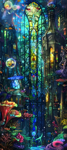 gothic fusion wallpaper — stained glass, fish, scenery, bubble (free 4K phone download)