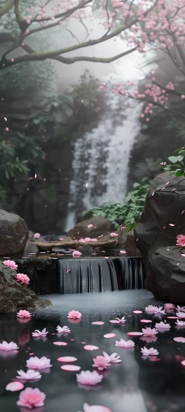 serene fusion wallpaper — scenery, waterfall, water, flower (free 4K phone download)