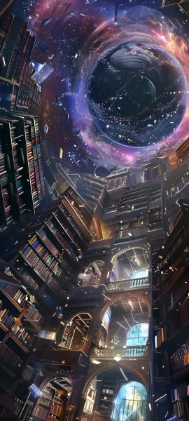futuristic anime girl wallpaper — library, bookshelf, scenery, book (free 4K phone download)