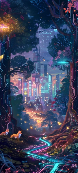 futuristic fusion wallpaper — scenery, tree, fox, night (free 4K phone download)