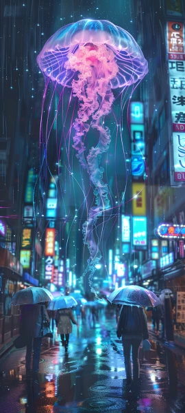 neon fusion wallpaper — jellyfish, umbrella, rain, night (free 4K phone download)