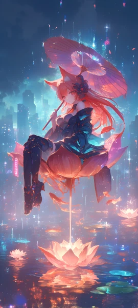 magical anime girl wallpaper — umbrella, animal ears, long hair (free 4K phone download)