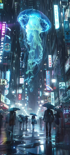futuristic fusion wallpaper — rain, umbrella, night, holding umbrella (free 4K phone download)