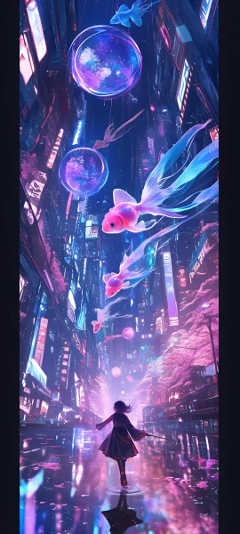futuristic anime girl wallpaper — fish, flying fish, building (free 4K phone download)