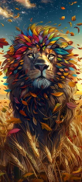 colorful fusion wallpaper — sky, lion, leaf, autumn leaves (free 4K phone download)