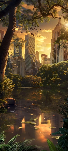 serene fusion wallpaper — scenery, tree, building, reflection (free 4K phone download)