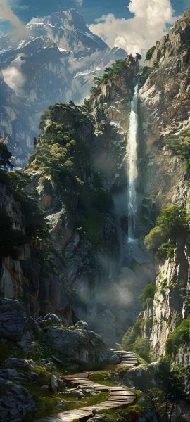 serene fusion wallpaper — scenery, waterfall, cloud, mountain (free 4K phone download)