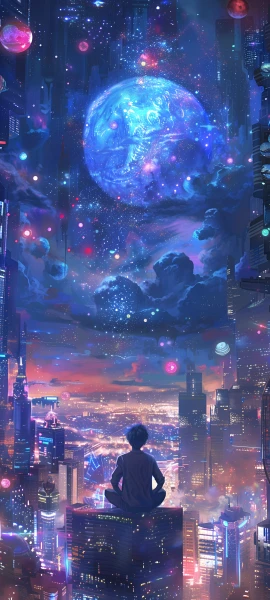 futuristic anime boy wallpaper — scenery, sky, city, city lights (free 4K phone download)