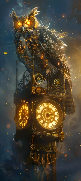 magical fusion wallpaper — owl, bird, clock, glowing (free 4K phone download)