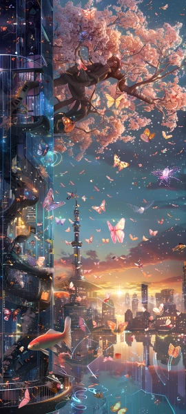 dreamy fusion wallpaper — bug, butterfly, scenery, cherry blossoms (free 4K phone download)