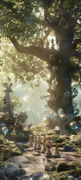 magical fusion wallpaper — tree, chess piece, scenery, sunlight (free 4K phone download)