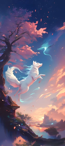 dreamy fusion wallpaper — tree, sky, scenery, wolf (free 4K phone download)