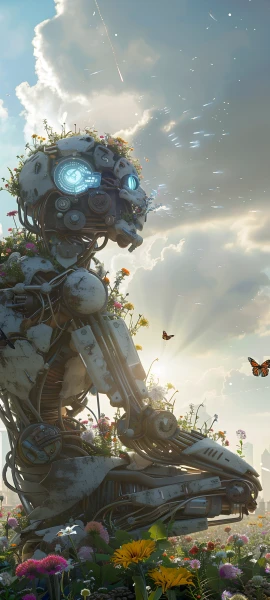 epic fusion wallpaper — flower, bug, cloud, robot (free 4K phone download)