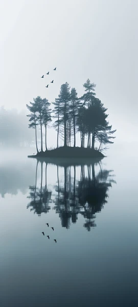 serene fusion wallpaper — tree, reflection, bird, scenery (free 4K phone download)