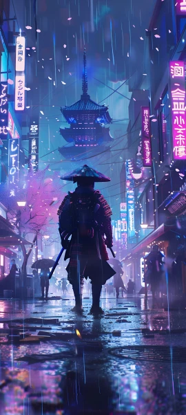 futuristic anime boy wallpaper — rain, hat, japanese armor, samurai (free 4K phone download)