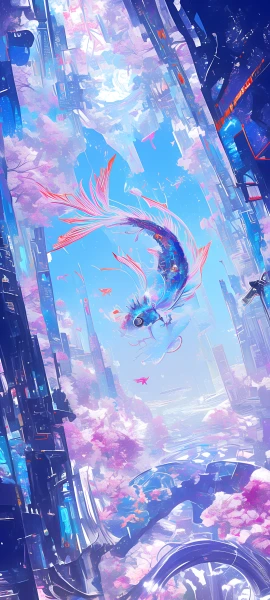 dreamy anime girl wallpaper — fish, scenery, sky, building (free 4K phone download)