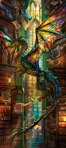 magical fusion wallpaper — library, dragon, bookshelf, wings (free 4K phone download)