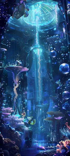 futuristic anime girl wallpaper — fish, underwater, coral, bubble (free 4K phone download)