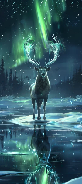 magical fusion wallpaper — aurora, reflection, night, deer (free 4K phone download)
