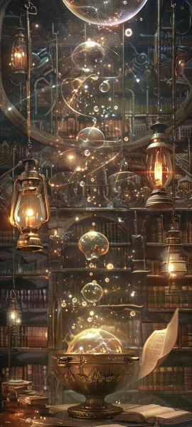 magical fusion wallpaper — bookshelf, book, bubble, scenery (free 4K phone download)