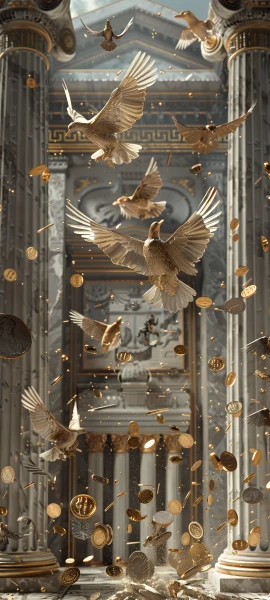 whimsical anime girl wallpaper — bird, pillar, coin, architecture (free 4K phone download)