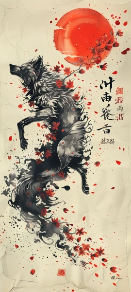 gothic fusion wallpaper — wolf, moon, petals, flower (free 4K phone download)