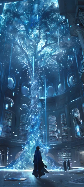 futuristic fusion wallpaper — scenery, book, tree, bookshelf (free 4K phone download)