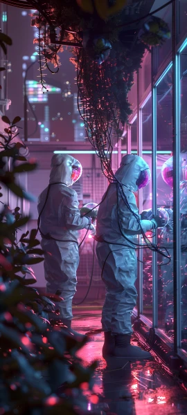 vaporwave fusion wallpaper — space helmet, spacesuit, cable, plant (free 4K phone download)