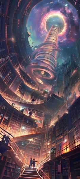 futuristic anime girl wallpaper — stairs, scenery, library, star (sky) (free 4K phone download)