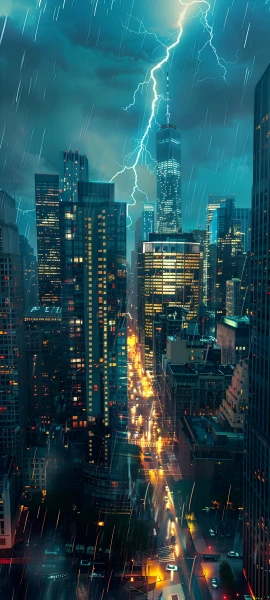 futuristic fusion wallpaper — rain, city, lightning, sky (free 4K phone download)