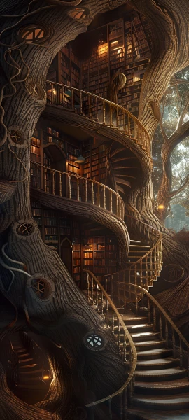 whimsical fusion wallpaper — stairs, scenery, library, bookshelf (free 4K phone download)