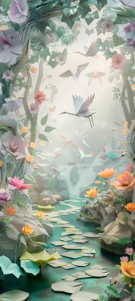 whimsical fusion wallpaper — flower, bird, scenery, lily pad (free 4K phone download)