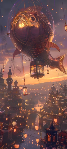 whimsical fusion wallpaper — scenery, lantern, fish, sky (free 4K phone download)