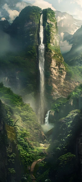 serene fusion wallpaper — scenery, waterfall, water, cloud (free 4K phone download)