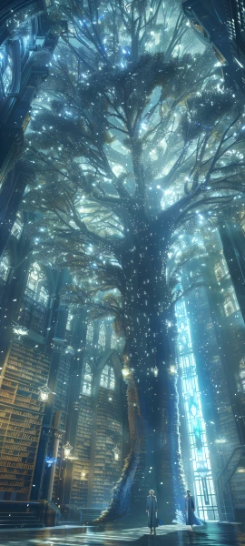 futuristic anime girl wallpaper — scenery, tree, library, book (free 4K phone download)