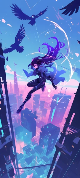 futuristic anime girl wallpaper — long hair, bird, sky (free 4K phone download)