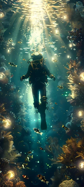 futuristic anime boy wallpaper — underwater, fish, clownfish, coral (free 4K phone download)