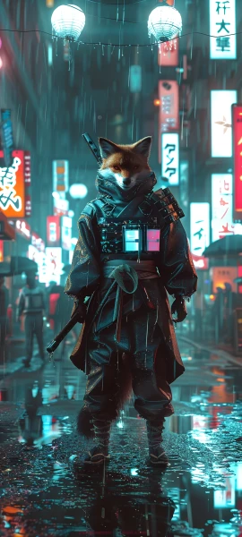 futuristic fusion wallpaper — weapon, rain, armor, neon lights (free 4K phone download)