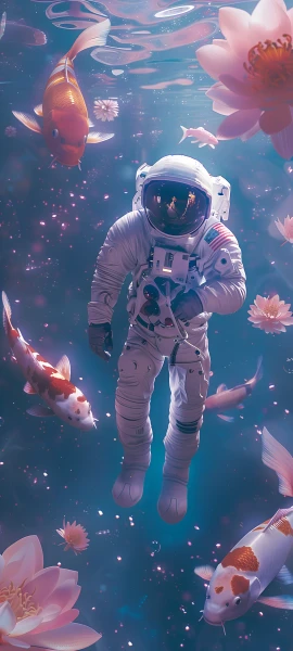 futuristic fusion wallpaper — helmet, fish, underwater, flower (free 4K phone download)
