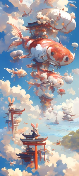 whimsical fusion wallpaper — cloud, fish, torii, sky (free 4K phone download)
