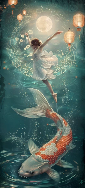 magical anime girl wallpaper — fish, lantern, moon (free 4K phone download)