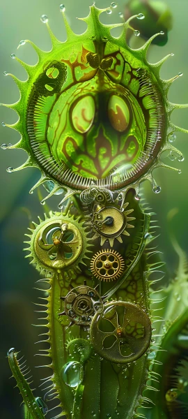 whimsical fusion wallpaper — gears, green theme, green background, water drop (free 4K phone download)