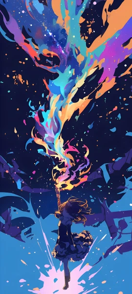 colorful anime girl wallpaper — dress, arm up, long hair (free 4K phone download)