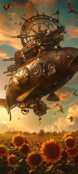 epic fusion wallpaper — sunflower, steampunk, gears, flower (free 4K phone download)